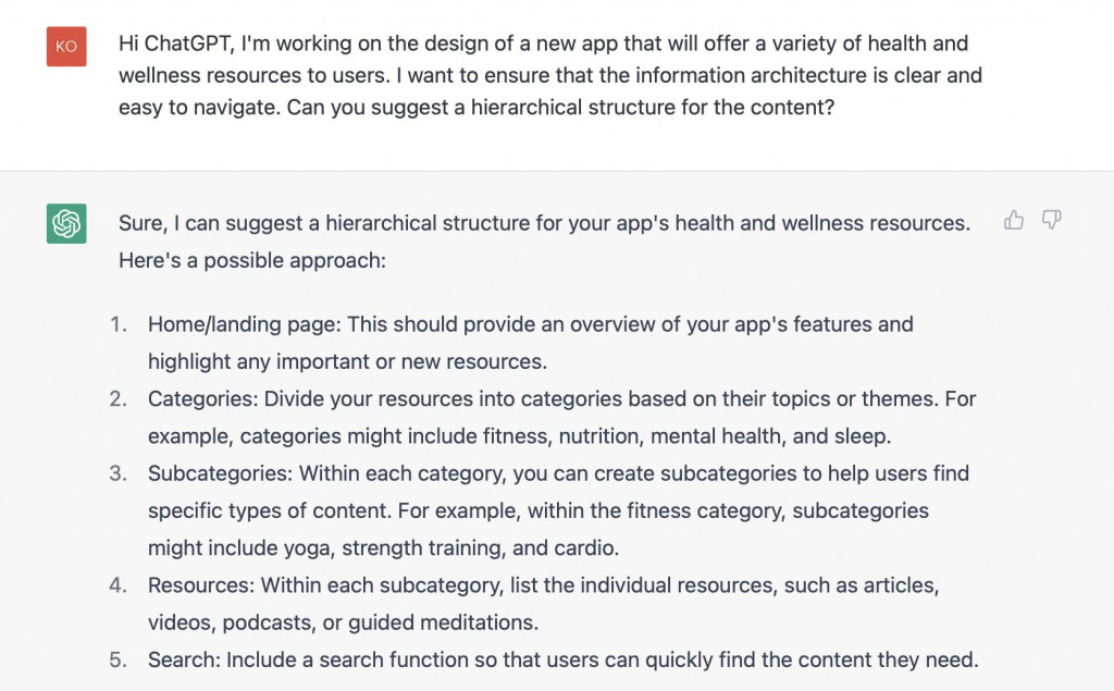 A screenshot of an information architecture idea from ChatGPT