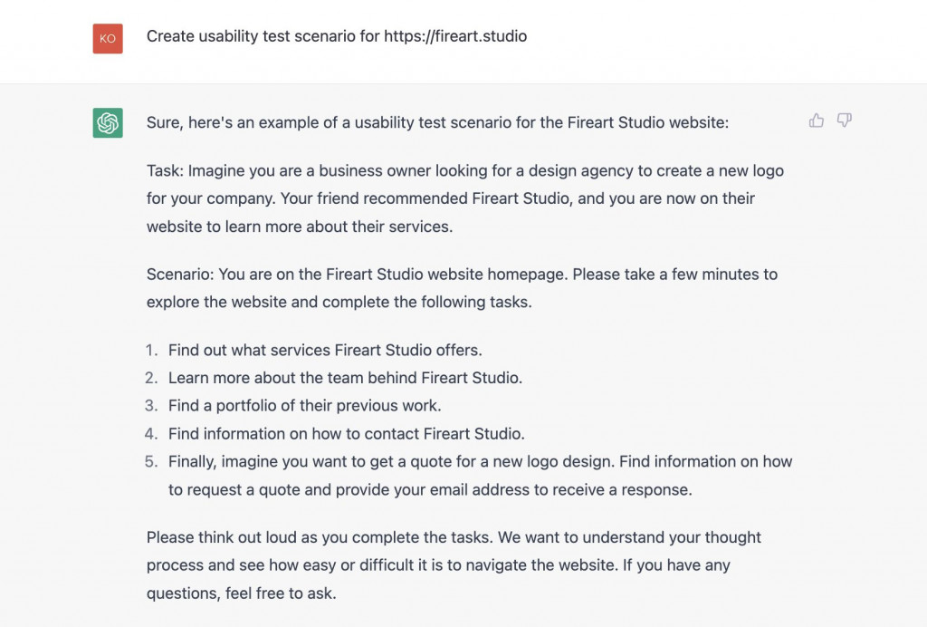 A screenshot of a usability test idea from ChatGPT