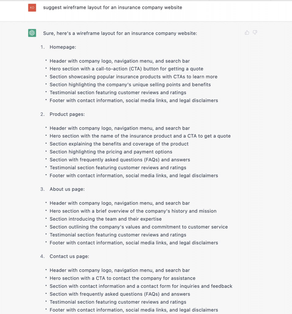 A screenshot with a page wireframe from ChatGPT