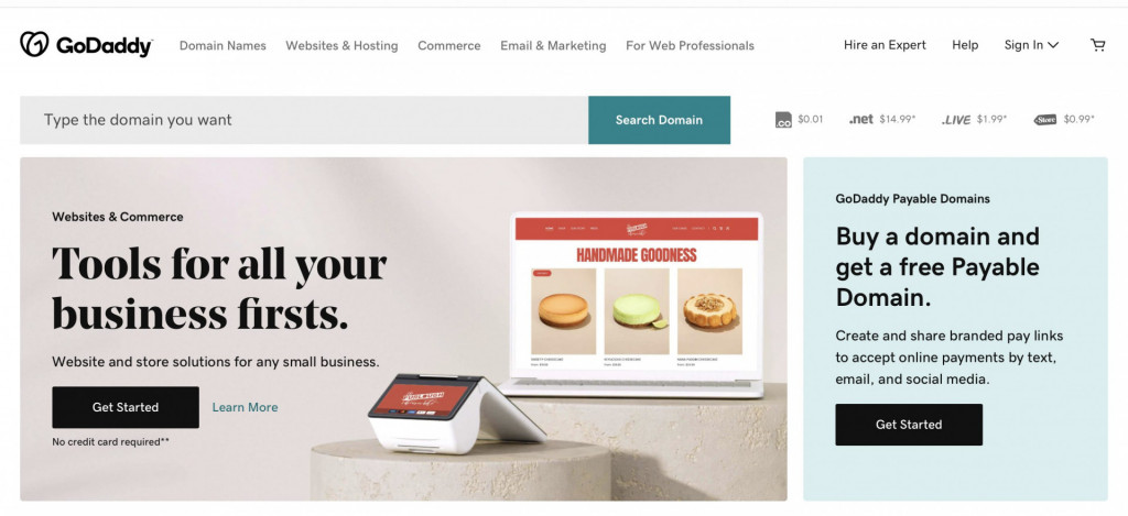 A screenshot of the GoDaddy main page