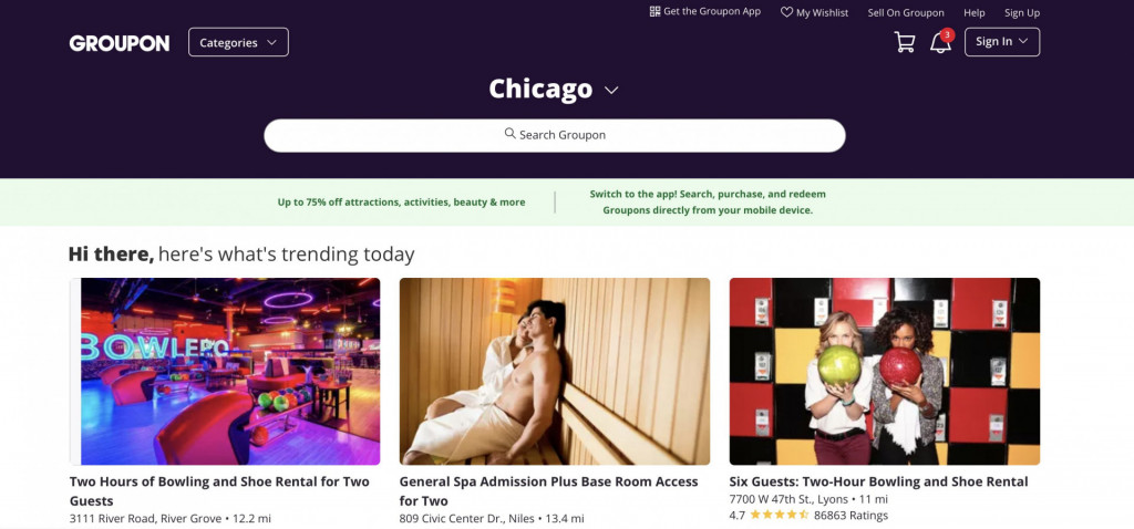 A screenshot of the Groupon main page