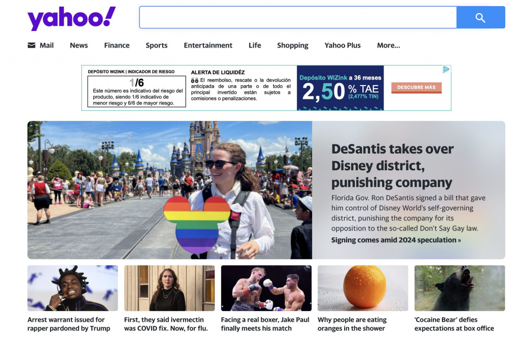 A screenshot of the Yahoo main page